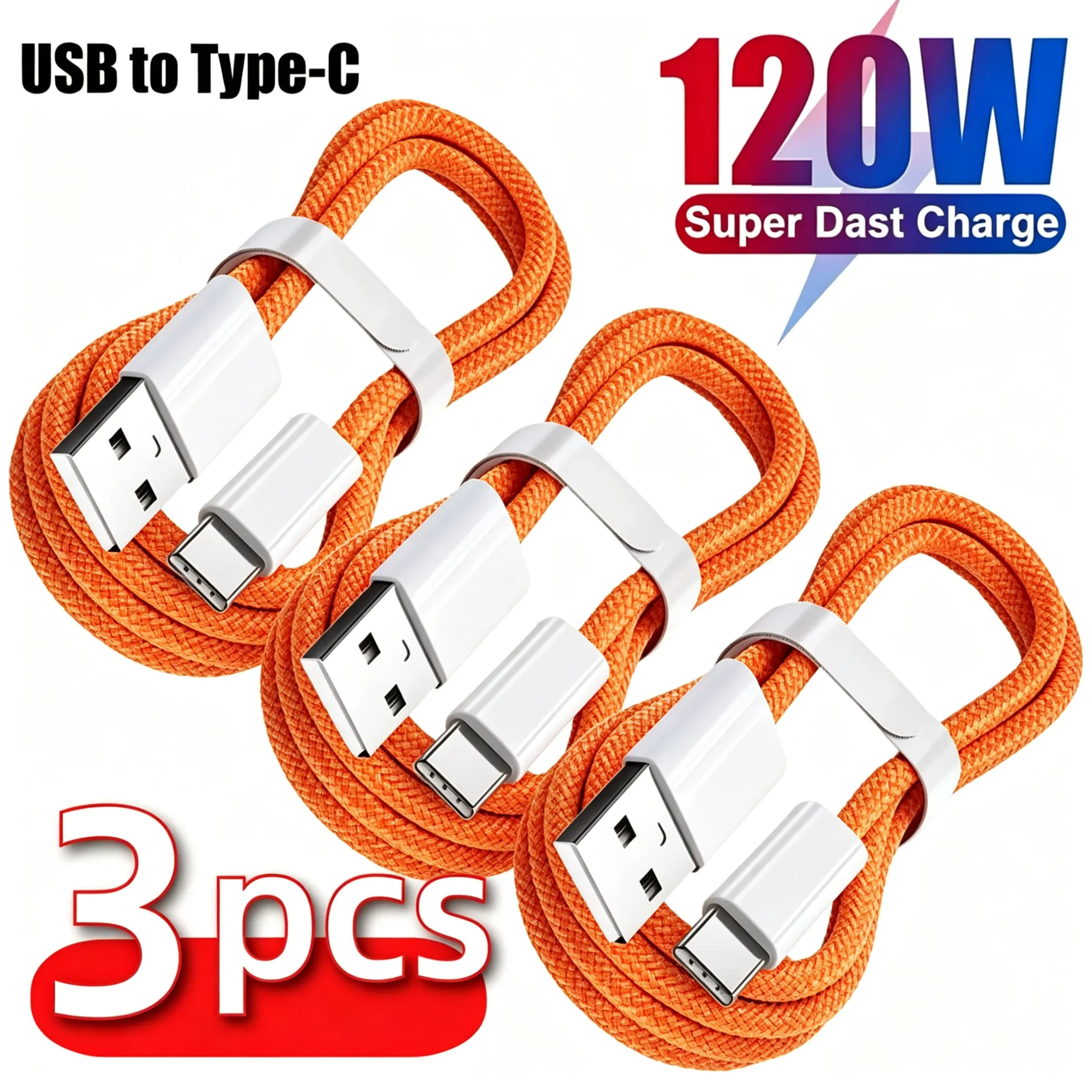 Lot de 3 câbles USB-A vers USB-C 240W pour charge rapide, compatibles avec iPhone 17, 16, 15, Samsung, Huawei, Xiaomi, etc.