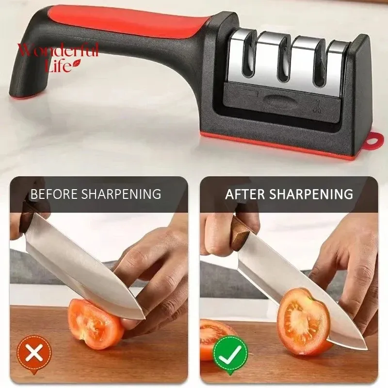 Aiguiseur de couteaux de cuisine 3 étapes, multifonction et portable, pierre à aiguiser noire 4