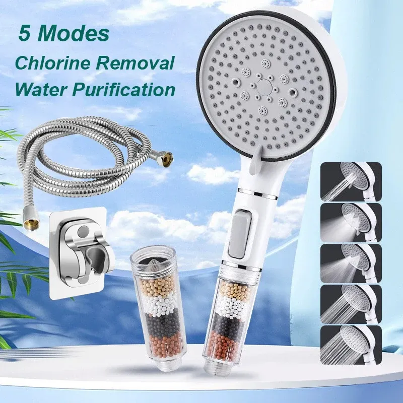 Pommeau de douche à main avec bouton d'arrêt, 5 modes de jet, filtre anti-calcaire, élimine le chlore