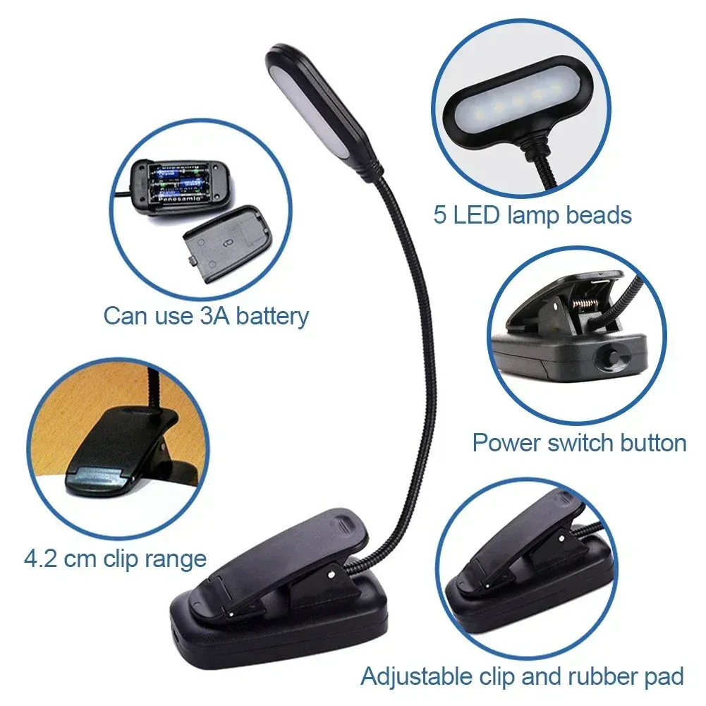 Lampe de lecture LED portable à pince, lumière blanche naturelle et col flexible 5