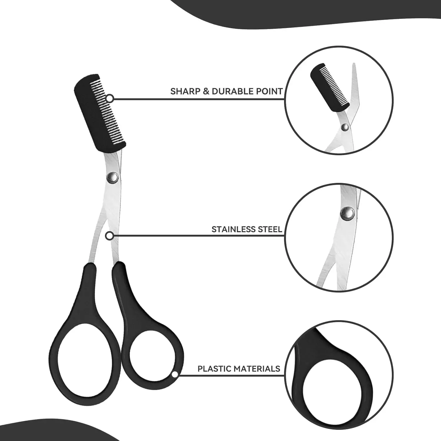 Ciseaux de précision pour sourcils avec poignée antidérapante et peigne 3