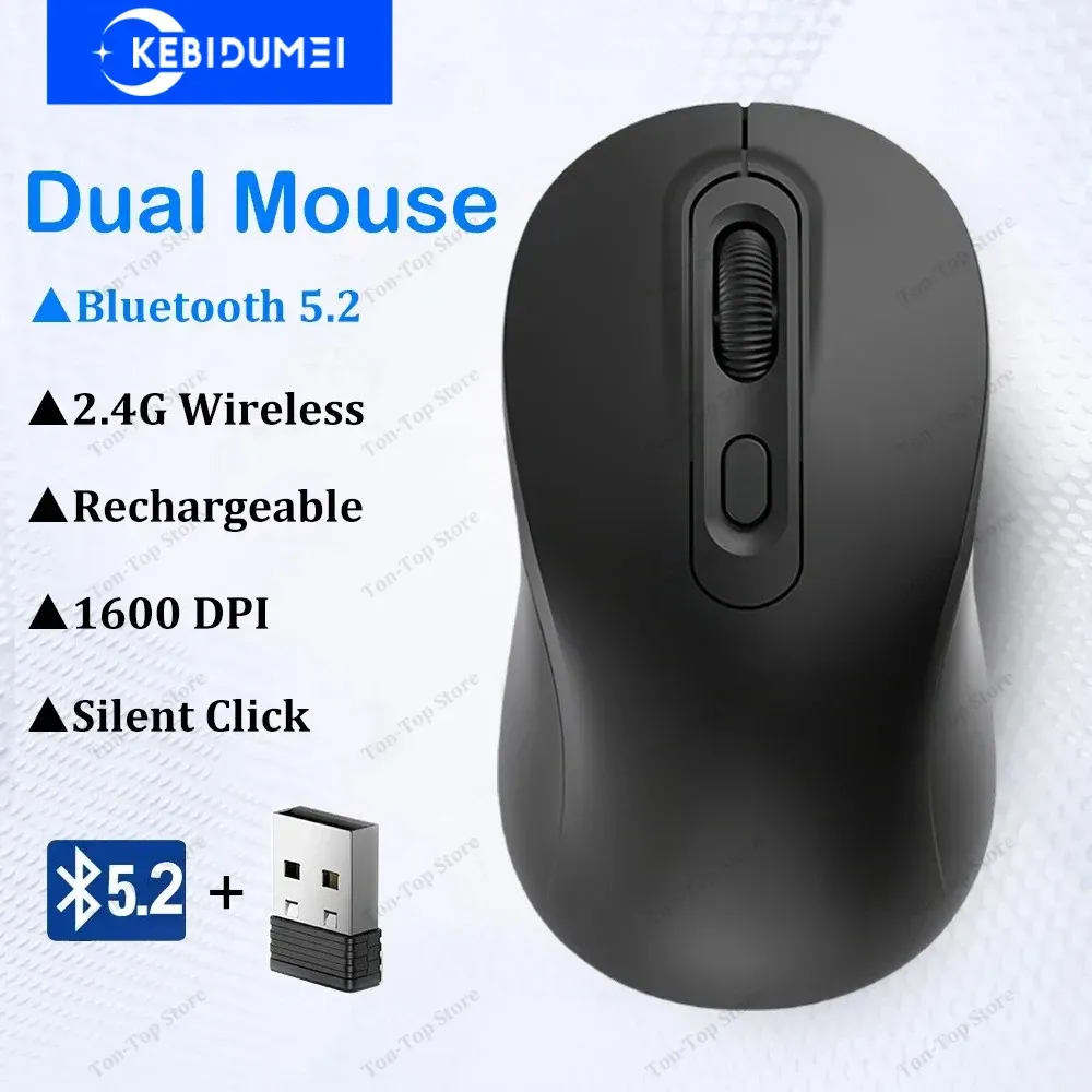 Souris sans fil Bluetooth 5.2 et 2,4 GHz rechargeable, double mode, silencieuse, 1600 DPI, pour PC portable et MacBook Pro