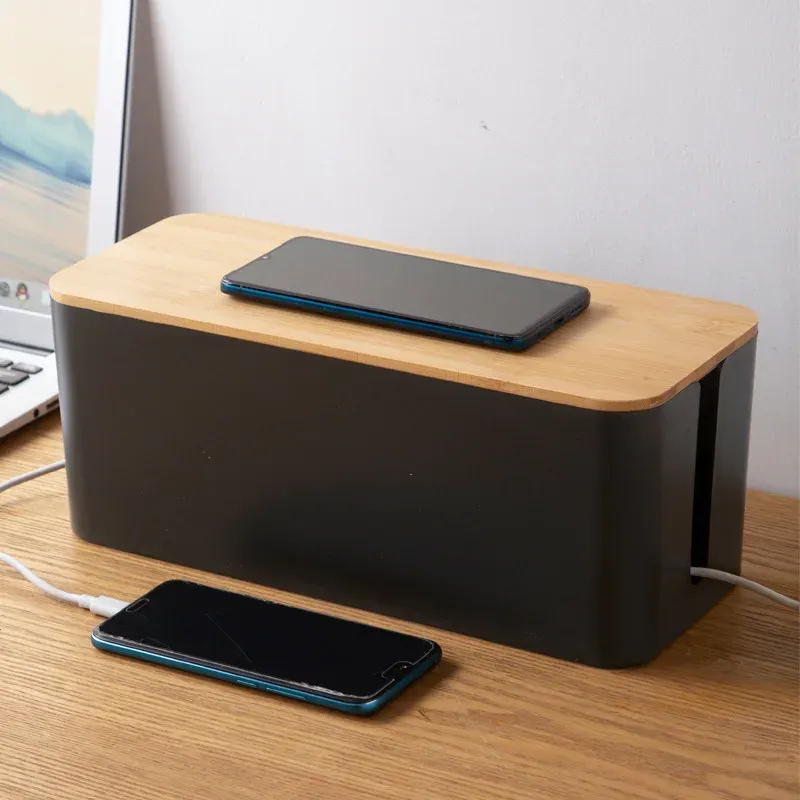 Boîte de rangement avec prise imitation teck, couvercle antipoussière pour gestion des câbles, 1 pièce 2