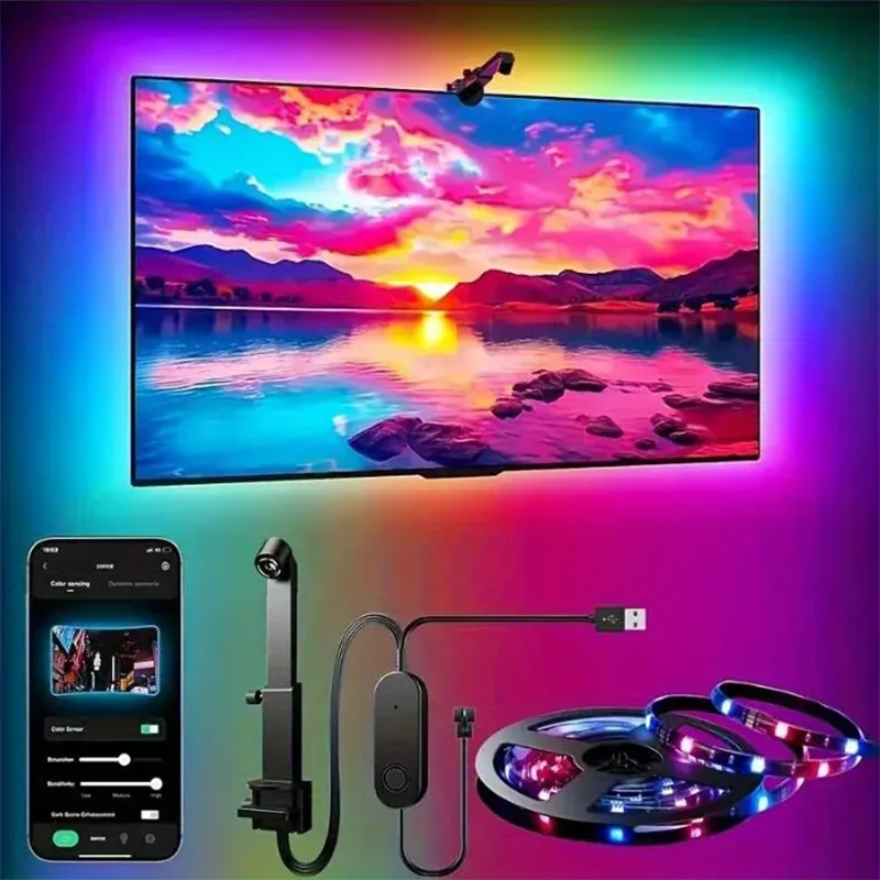 Bande lumineuse LED RGBIC pour téléviseur, contrôle par application, synchronisation musicale, éclairage ambiant pour écrans de 55 à 75 pouces