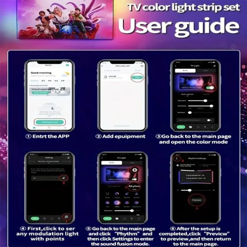 Bande lumineuse LED RGBIC pour téléviseur, contrôle par application, synchronisation musicale, éclairage ambiant pour écrans de 55 à 75 pouces 6