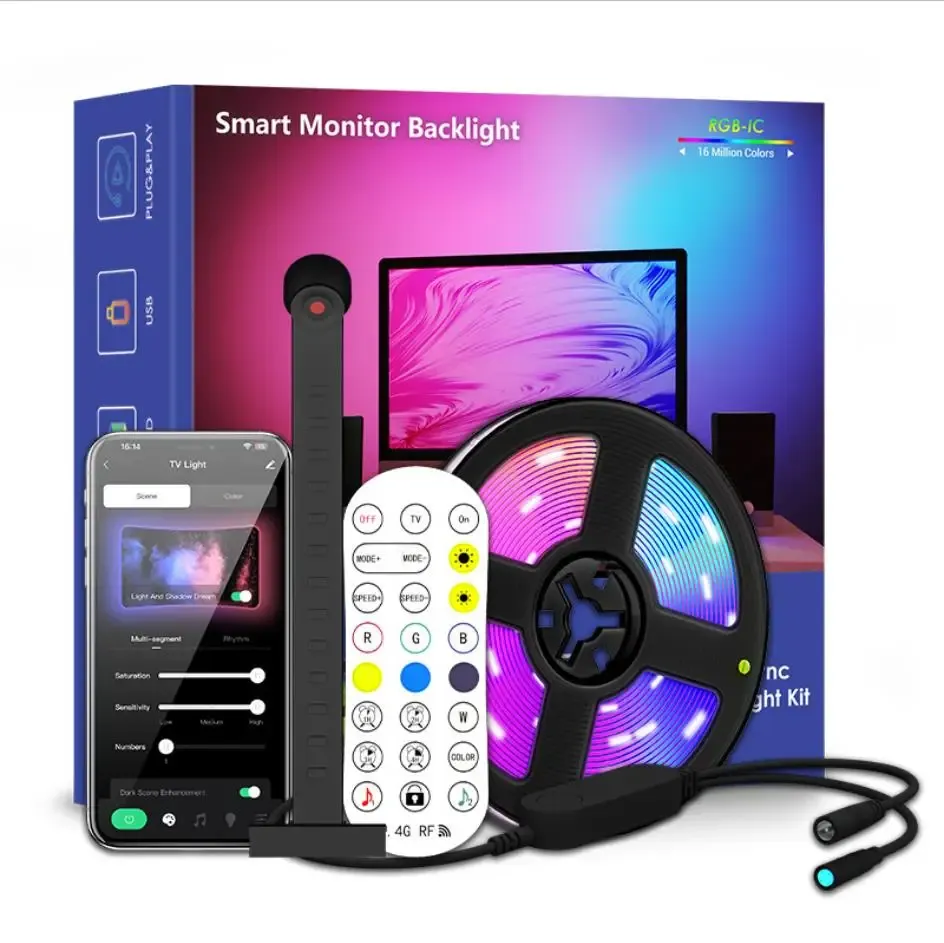 Bande lumineuse LED RGBIC pour téléviseur, contrôle par application, synchronisation musicale, éclairage ambiant pour écrans de 55 à 75 pouces 7