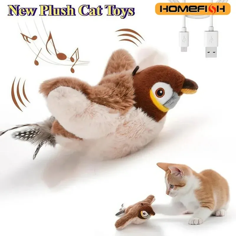 Jouet interactif rechargeable pour chats et chiens : oiseau en peluche qui gazouille et bat des ailes (non volant), activé au toucher
