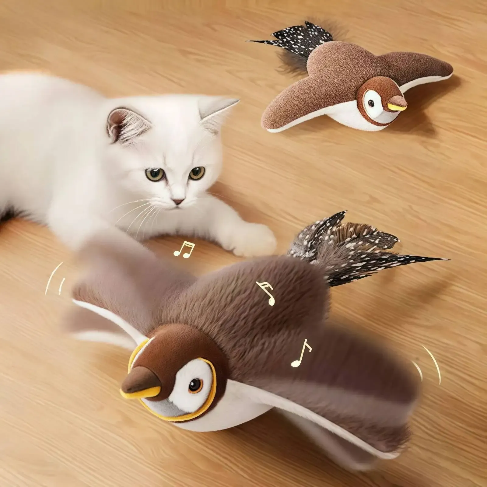 Jouet interactif rechargeable pour chats et chiens : oiseau en peluche qui gazouille et bat des ailes (non volant), activé au toucher 2