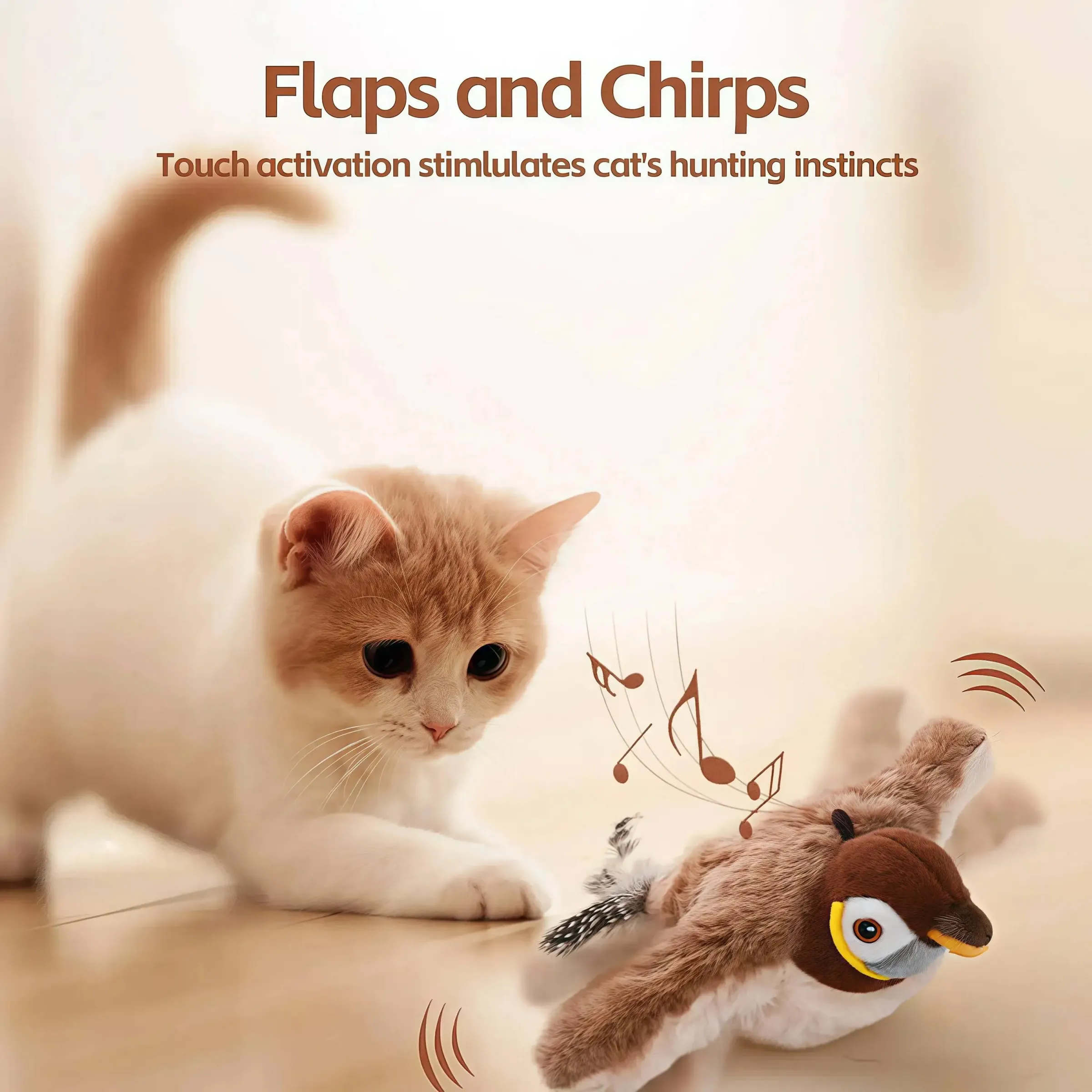 Jouet interactif rechargeable pour chats et chiens : oiseau en peluche qui gazouille et bat des ailes (non volant), activé au toucher 5