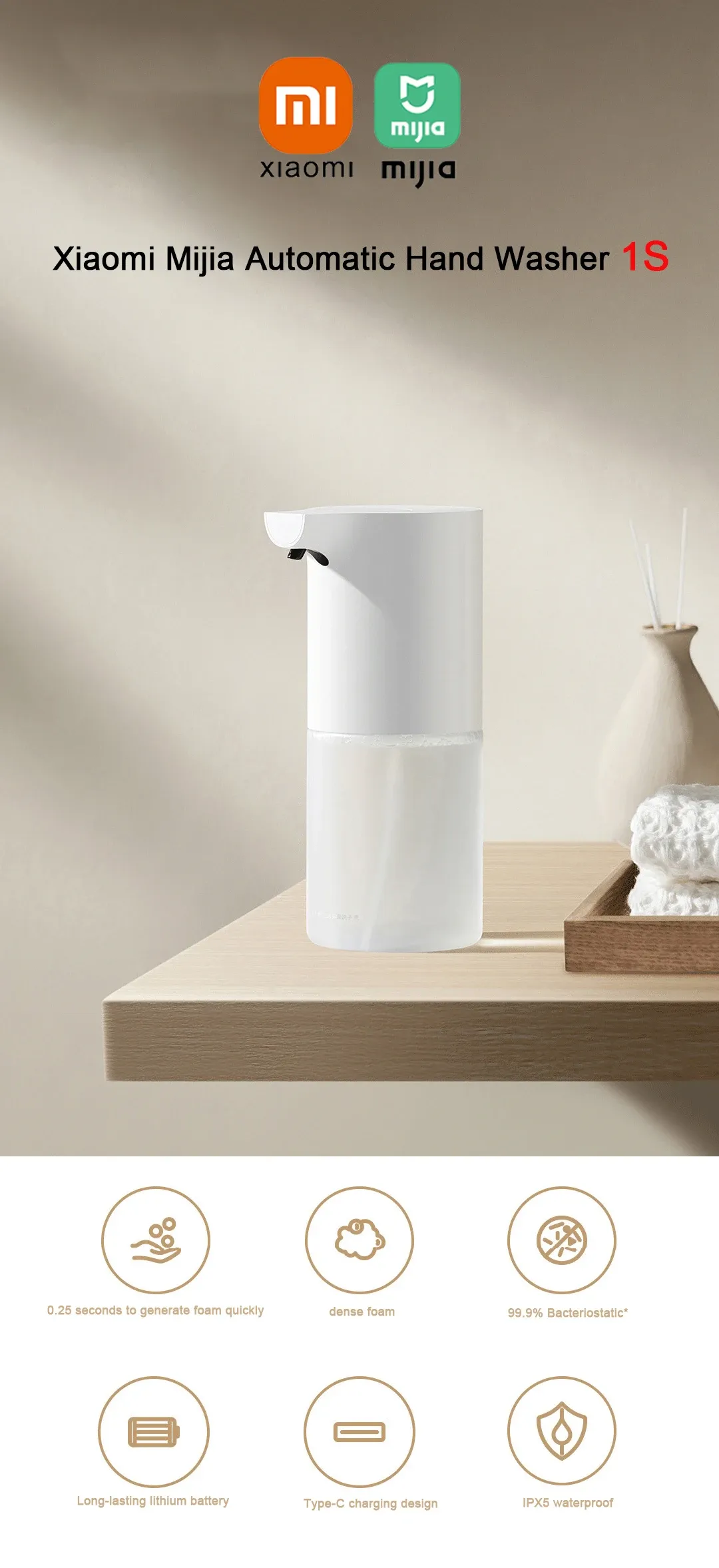 Distributeur de mousse Xiaomi Mijia 1S avec capteur infrarouge