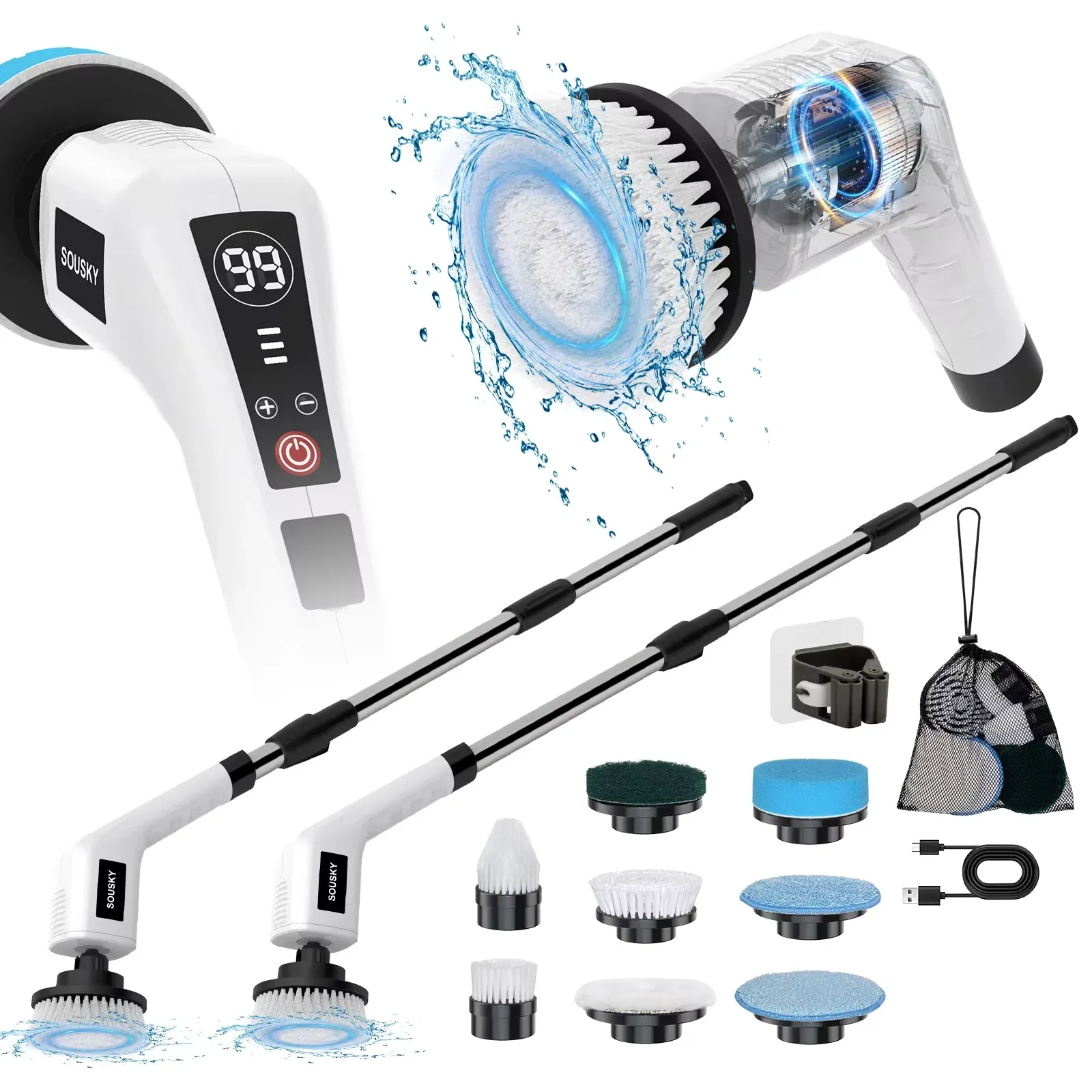 Brosse de nettoyage électrique sans fil, nettoyeur rotatif portatif pour douche, nettoyeur multifonctionnel avec 8 têtes pour salle de bain et cuisine - Image 1