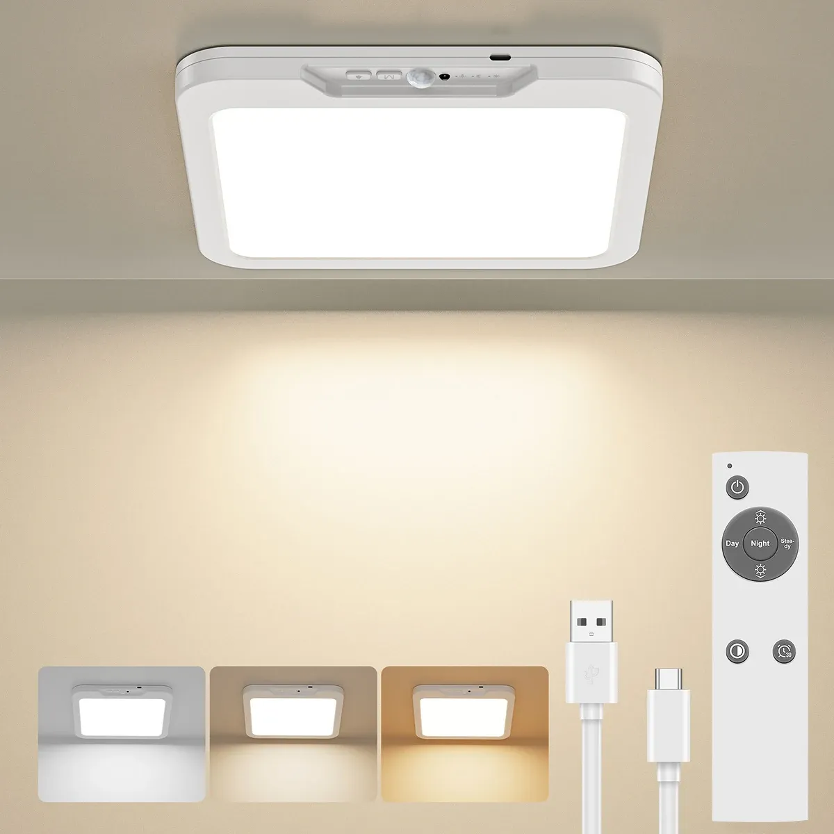 Plafonnier sans fil rechargeable avec capteur de mouvement et télécommande, 3000K / 4500K / 6500K - Image 1