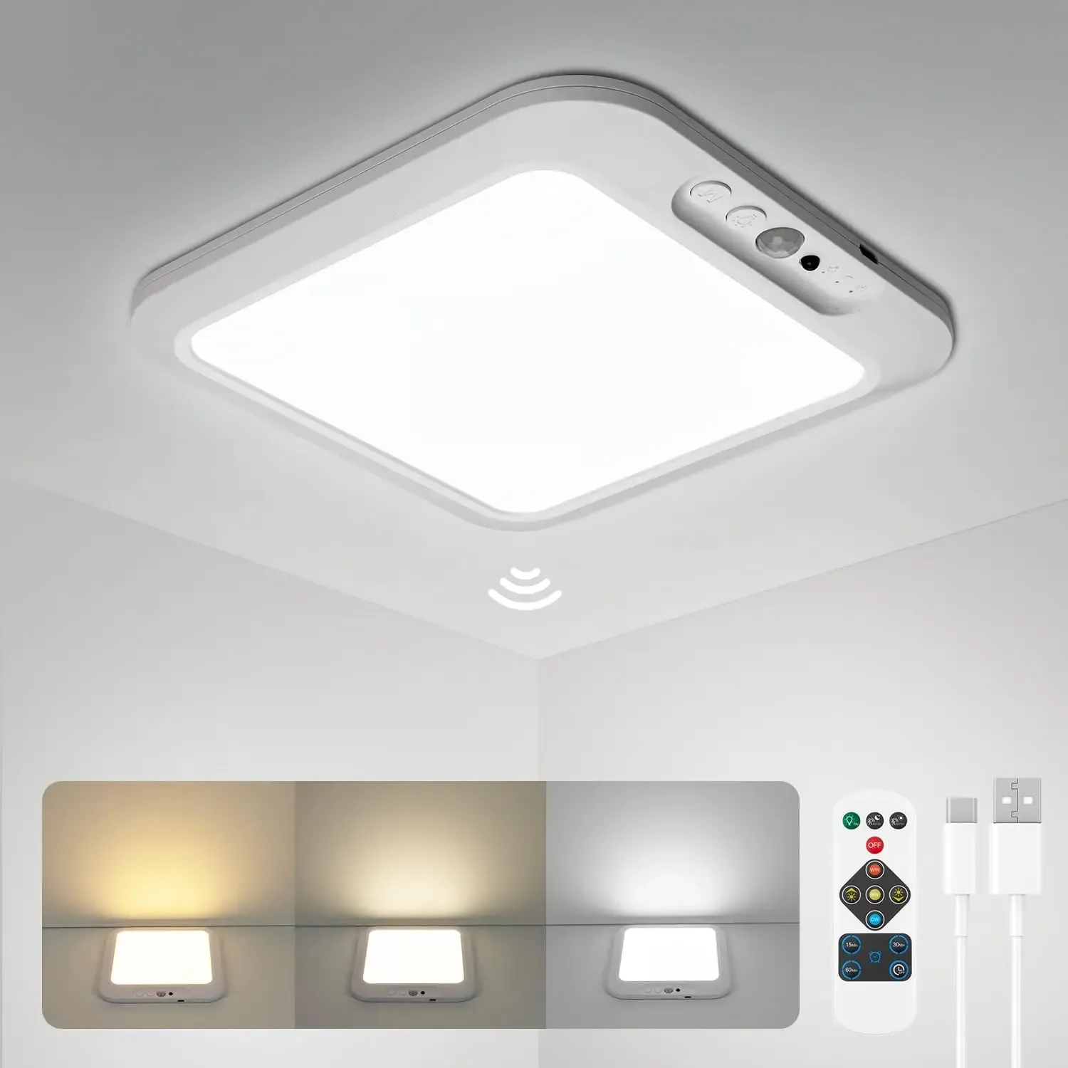 Plafonnier sans fil rechargeable avec capteur de mouvement et télécommande, 3000K / 4500K / 6500K 8