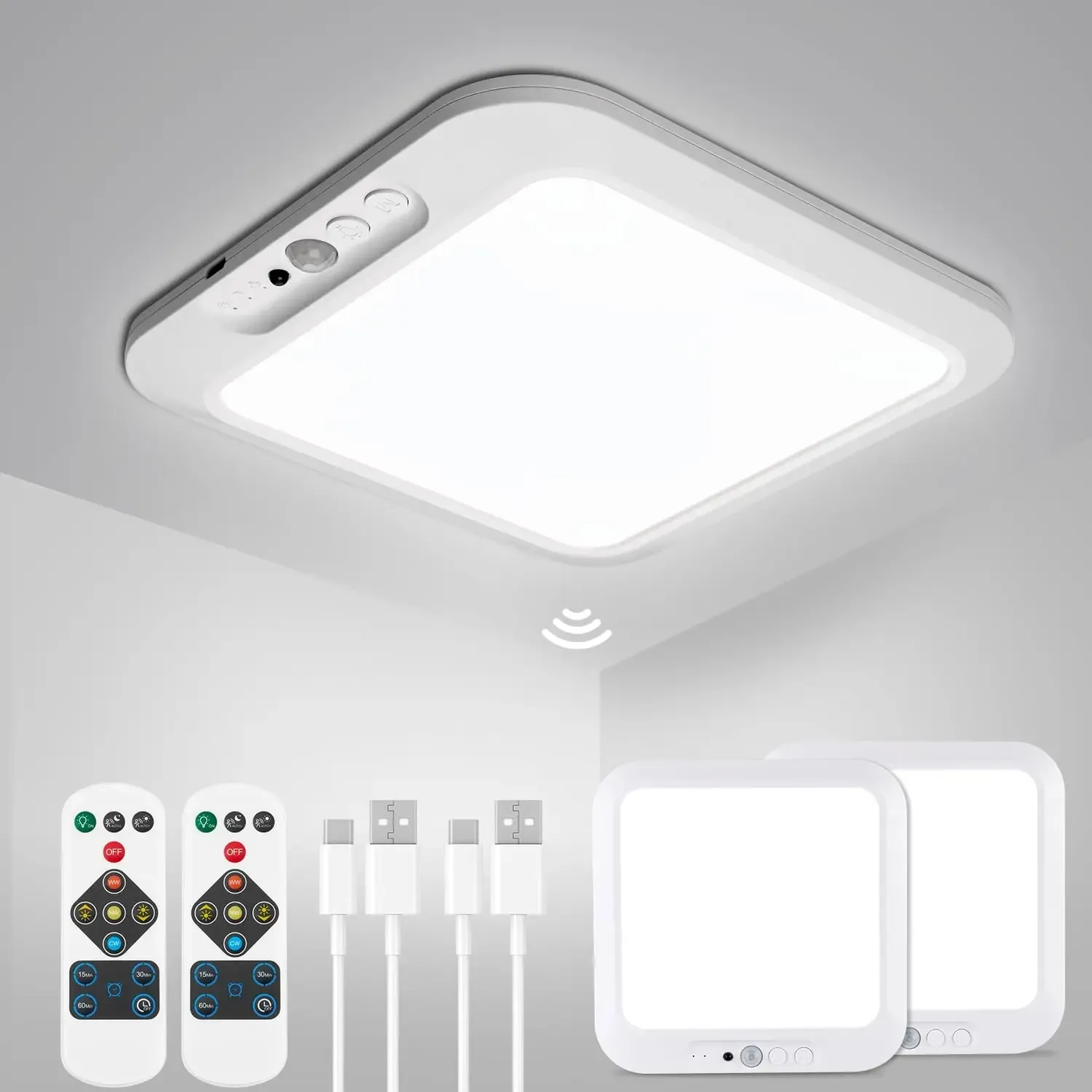 Plafonnier sans fil rechargeable avec capteur de mouvement et télécommande, 3000K / 4500K / 6500K 7