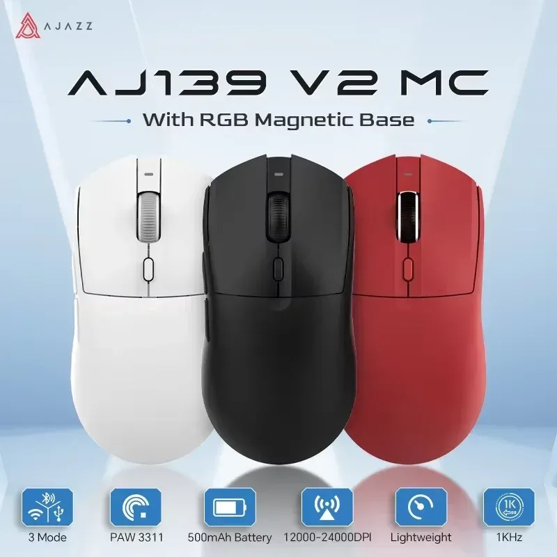 AJAZZ AJ139 V2 MC / AJ139 PRO Souris gaming sans fil, capteur PAW3311 / PAW3395, 12000 / 26000 DPI, batterie 500 mAh, souris Bluetooth pour PC
