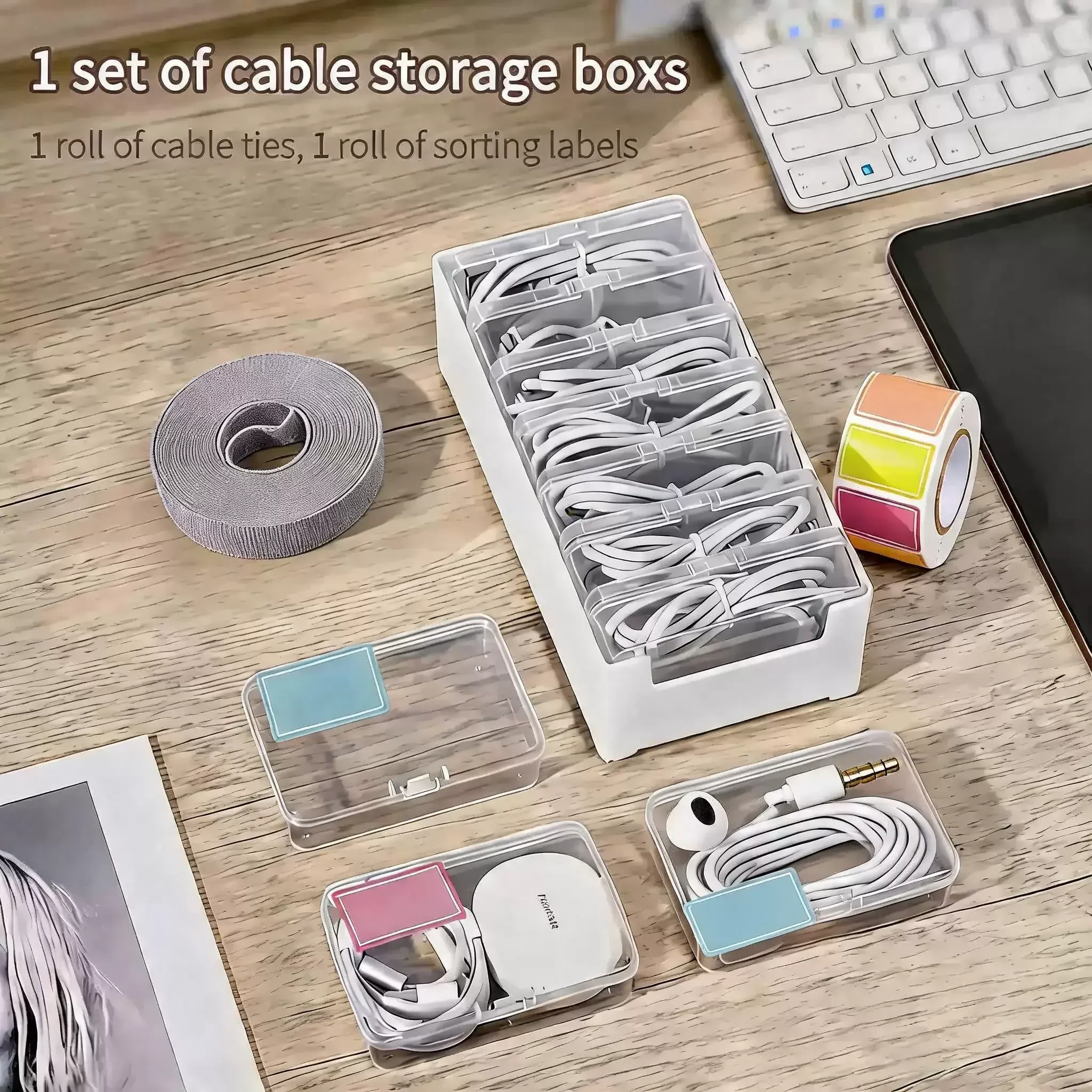 Boîte de rangement pour câbles de données avec 7 petits compartiments, organisateur de câbles de bureau 10