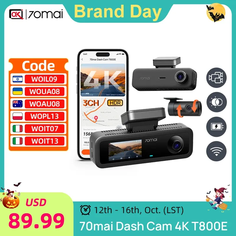 Caméra de tableau de bord 70mai 4K T800E avec DVR 3 canaux (avant 4K, arrière 1080P, intérieur), supercondensateur HDR, GPS intégré et mode stationnement 24H - Image 1