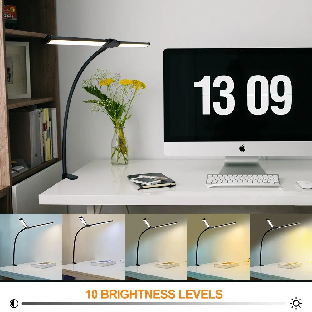 Lampe de bureau LED à pince en métal, 3 teintes de lumière réglables, 10 niveaux de luminosité, tête flexible et rotative pour la lecture et le travail sur ordinateur 3