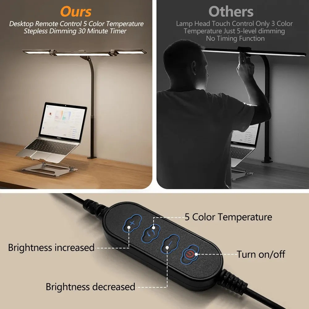Lampe de bureau LED à pince en métal, 3 teintes de lumière réglables, 10 niveaux de luminosité, tête flexible et rotative pour la lecture et le travail sur ordinateur 6