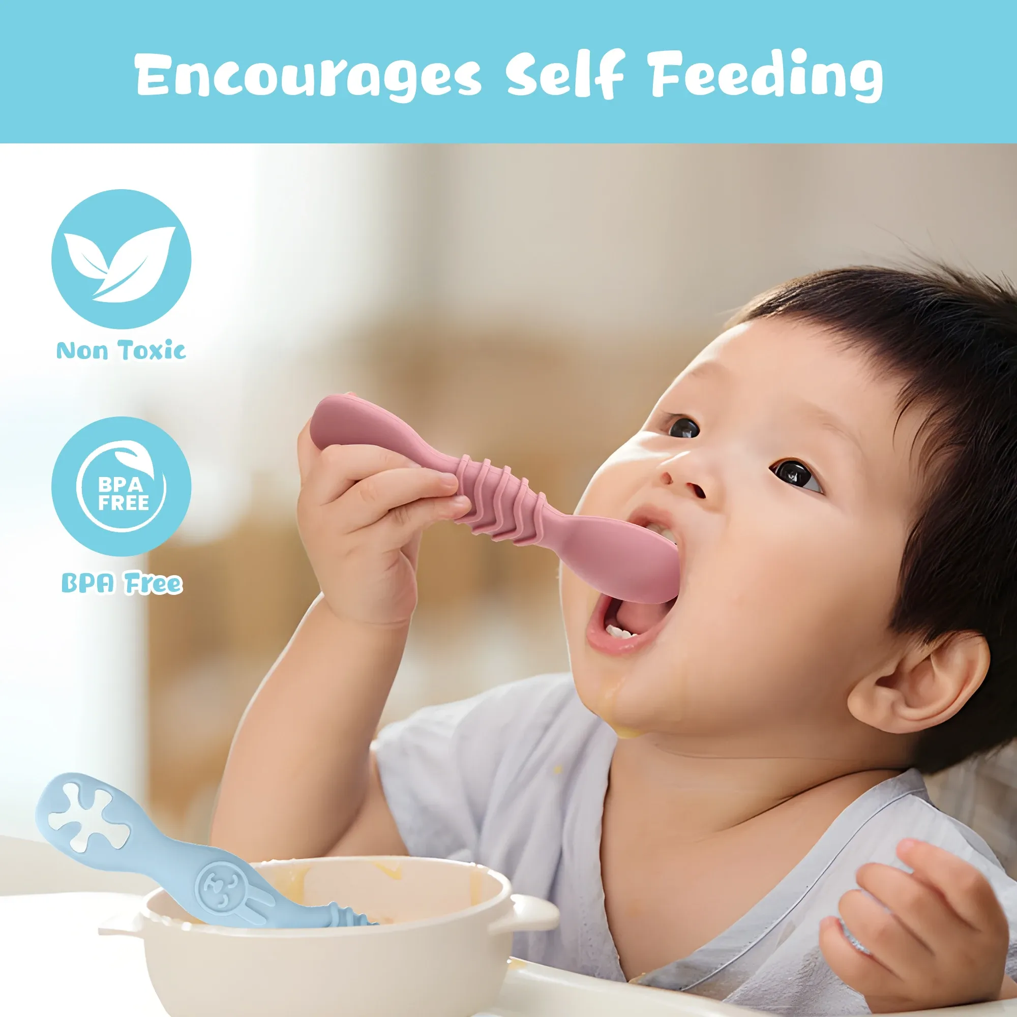 Ensemble de cuillères d'apprentissage en silicone pour bébés et tout-petits | Sans BPA | Compatible micro-ondes, lave-vaisselle et congélateur 6