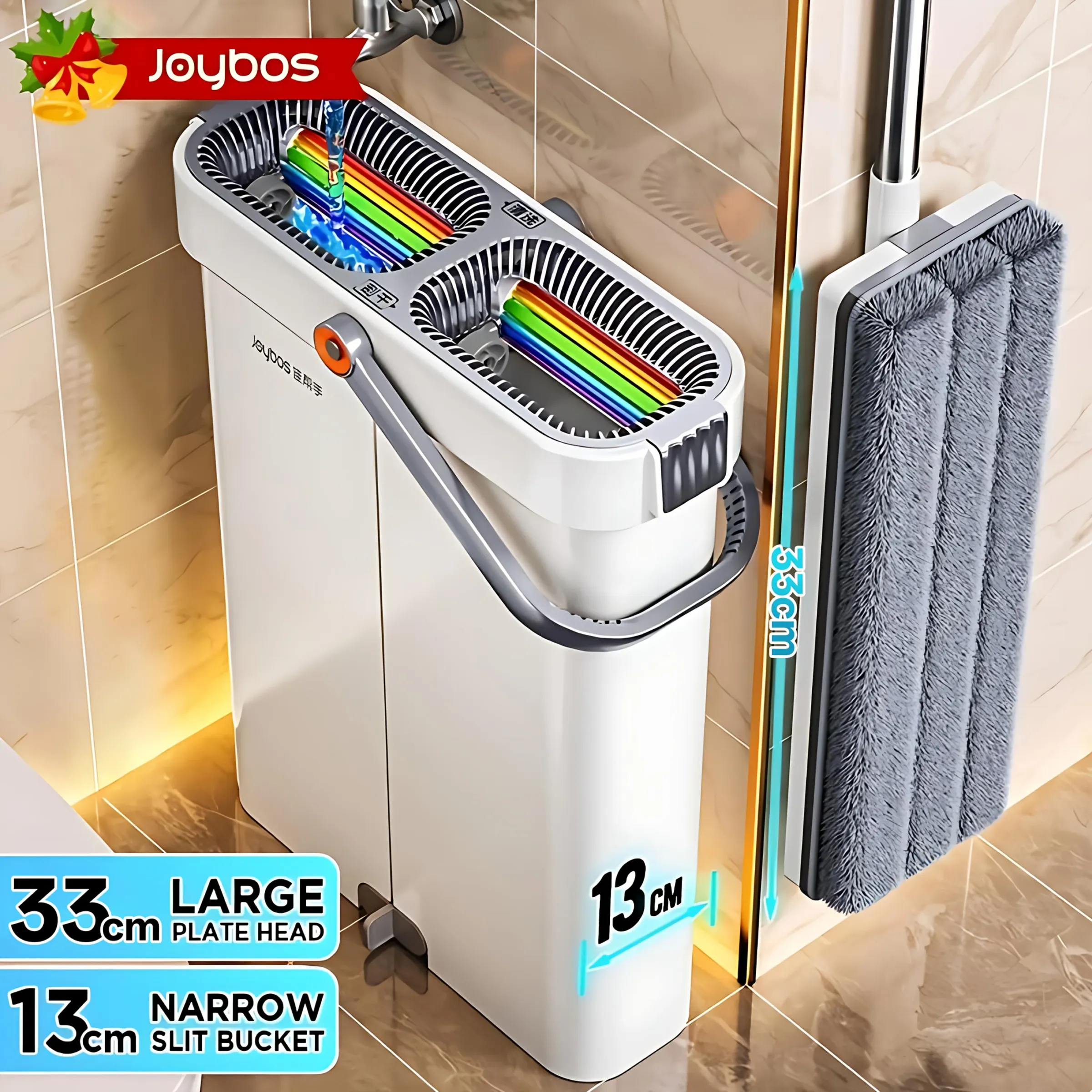 Kit balai plat à essoreur avec seau Joybos 33 cm, microfibre lavable, pour sols humides et secs, avec raclette - Image 1