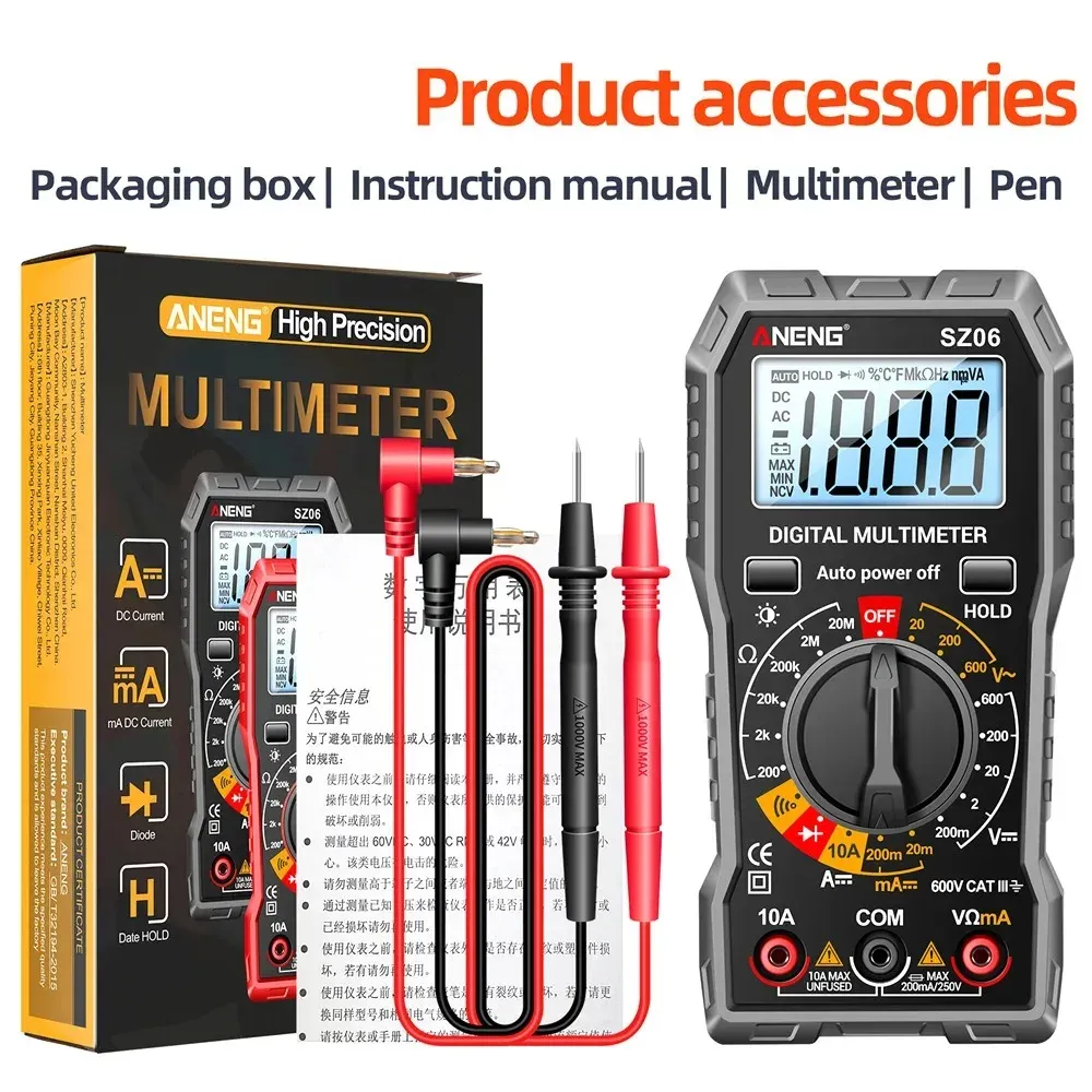 Multimètre numérique TRMS SZ06 / SZ308 à plage automatique, 2000 points, mesure de tension AC/DC, Ohm, Volt et ampèremètre - Image 1