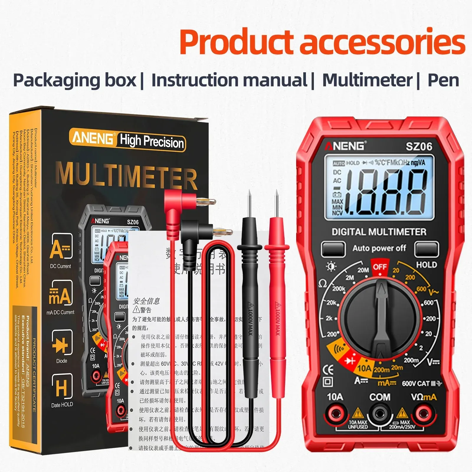 Multimètre numérique TRMS SZ06 / SZ308 à plage automatique, 2000 points, mesure de tension AC/DC, Ohm, Volt et ampèremètre 13