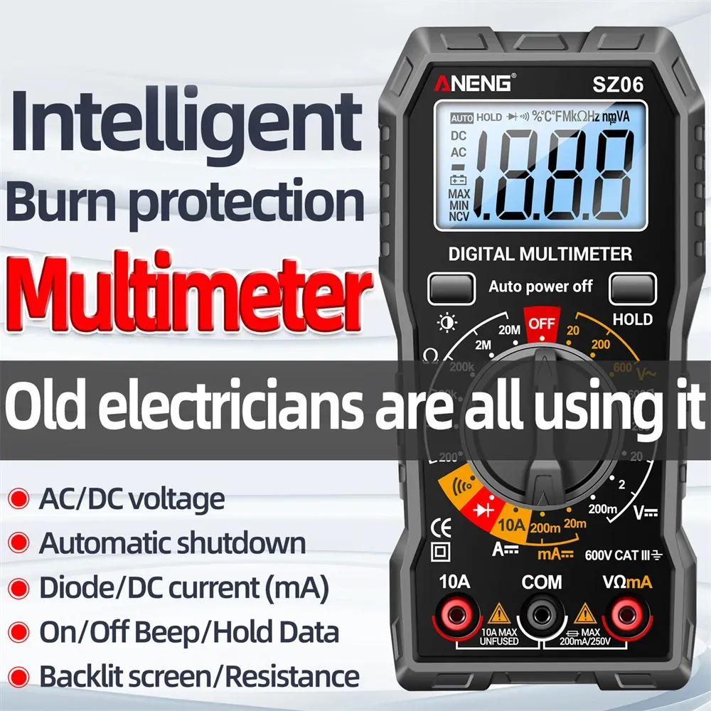Multimètre numérique TRMS SZ06 / SZ308 à plage automatique, 2000 points, mesure de tension AC/DC, Ohm, Volt et ampèremètre 8