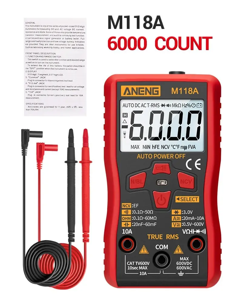 Multimètre numérique TRMS SZ06 / SZ308 à plage automatique, 2000 points, mesure de tension AC/DC, Ohm, Volt et ampèremètre 15