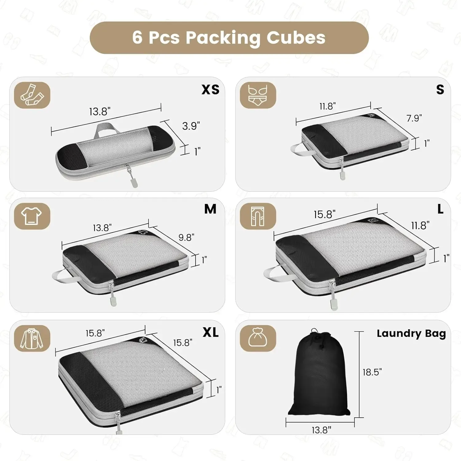 Cubes de rangement compressibles pour voyage, ensemble de 6 pièces avec pochette à chaussures 3