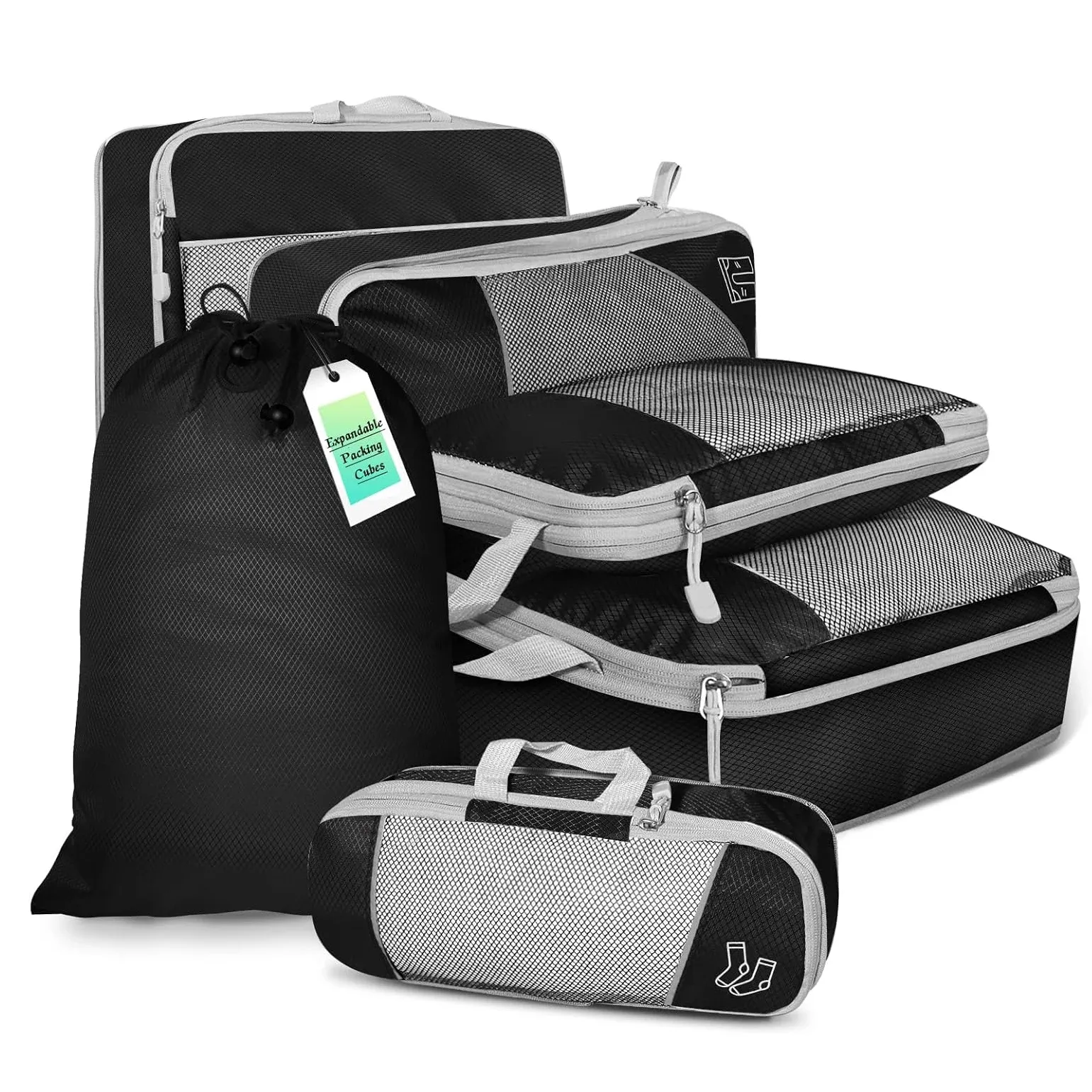 Cubes de rangement compressibles pour voyage, ensemble de 6 pièces avec pochette à chaussures