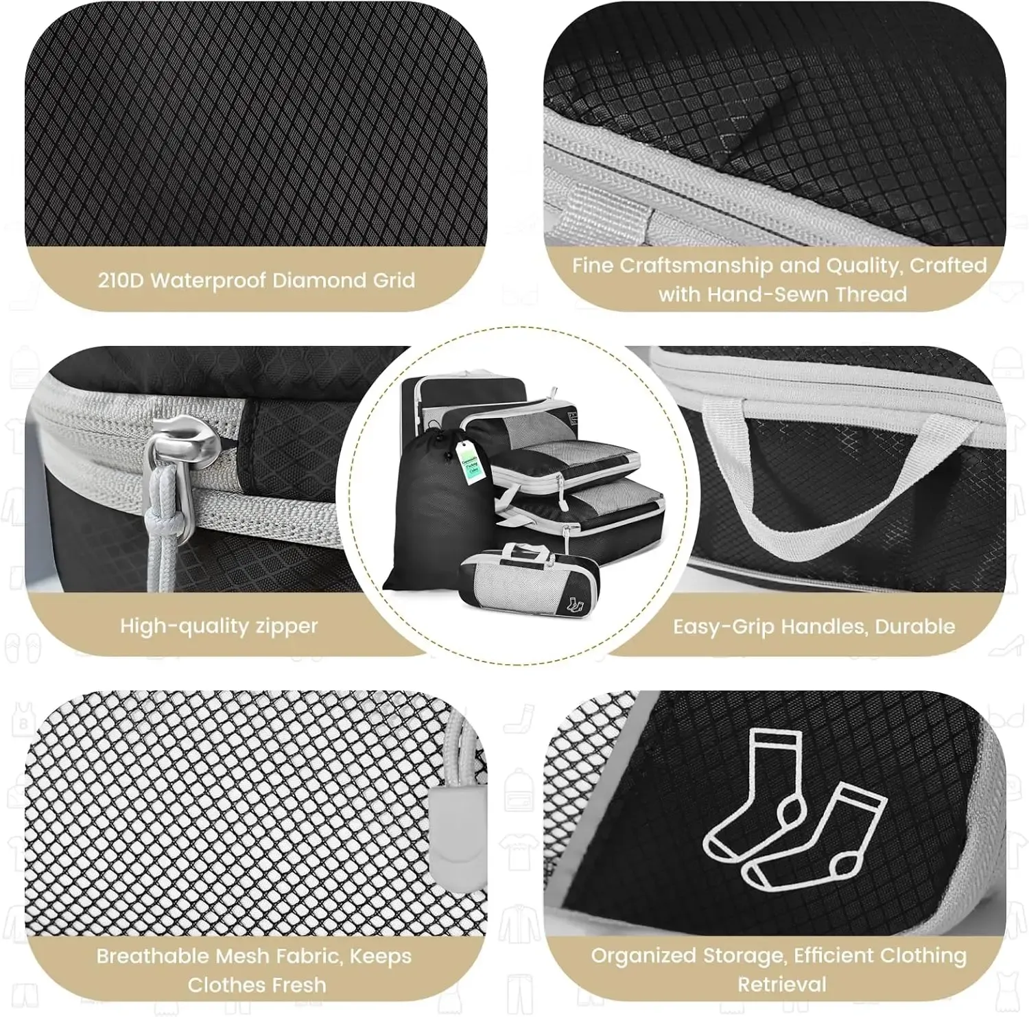 Cubes de rangement compressibles pour voyage, ensemble de 6 pièces avec pochette à chaussures 2