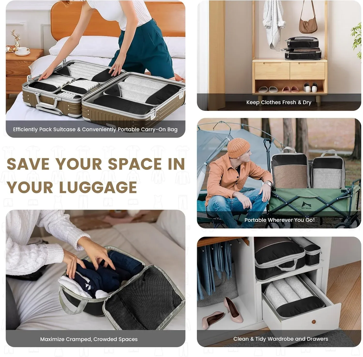 Cubes de rangement compressibles pour voyage, ensemble de 6 pièces avec pochette à chaussures 6