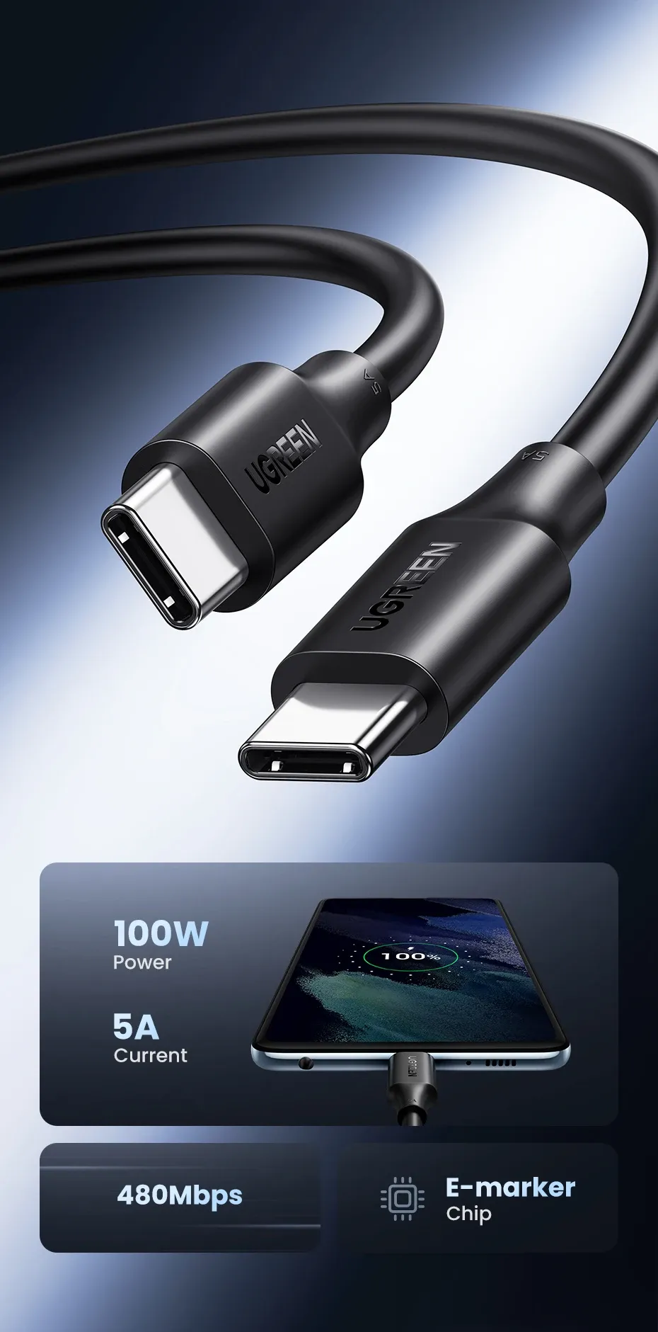 Câble de charge rapide USB-C vers USB-C UGREEN PD100W