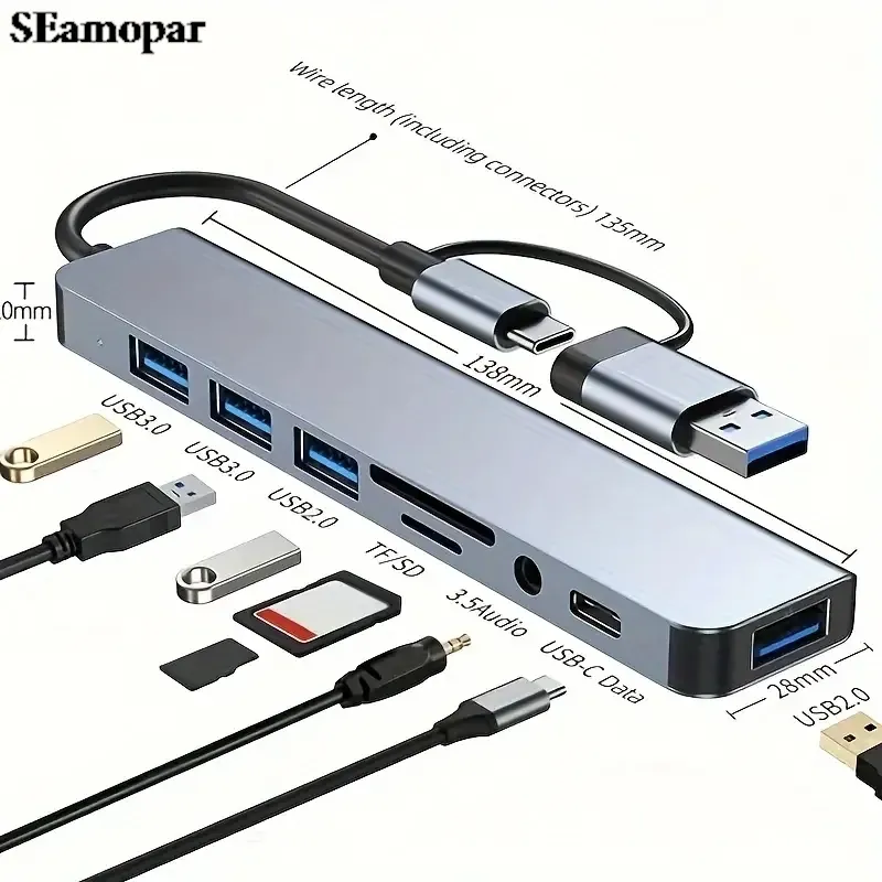 Hub USB 8 en 1 avec 2 ports USB 3.0, 2 ports USB 2.0, 1 port USB-C et lecteur de cartes TF/SD, compatible PC portables et MacBook 1