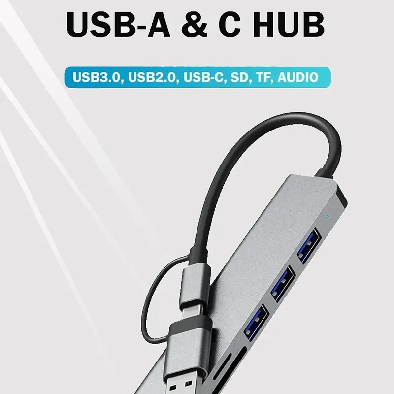 Hub USB 8 en 1 avec 2 ports USB 3.0, 2 ports USB 2.0, 1 port USB-C et lecteur de cartes TF/SD, compatible PC portables et MacBook 3