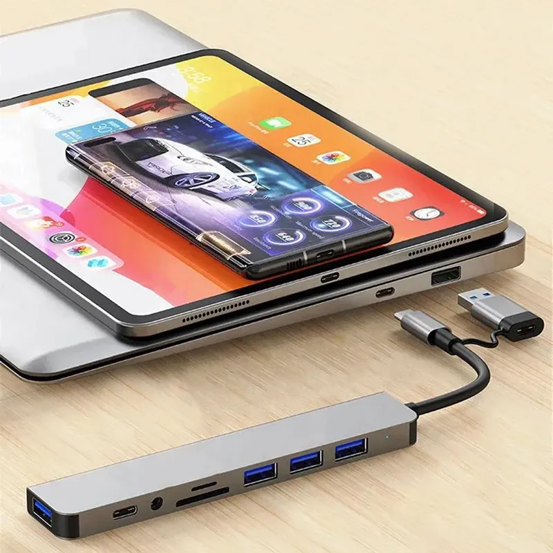 Hub USB 8 en 1 avec 2 ports USB 3.0, 2 ports USB 2.0, 1 port USB-C et lecteur de cartes TF/SD, compatible PC portables et MacBook 4