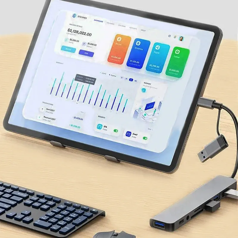 Hub USB 8 en 1 avec 2 ports USB 3.0, 2 ports USB 2.0, 1 port USB-C et lecteur de cartes TF/SD, compatible PC portables et MacBook 5