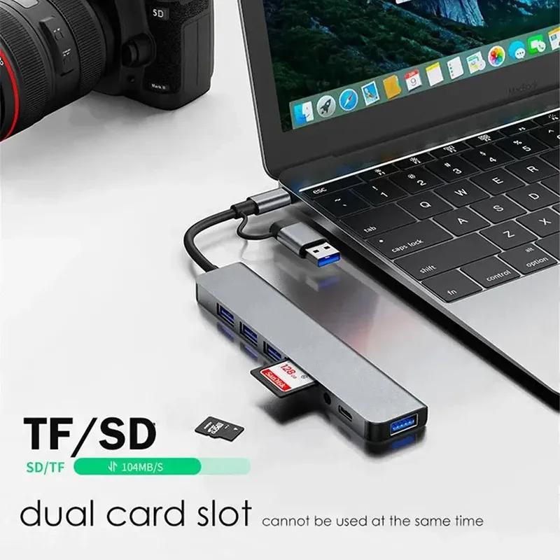 Hub USB 8 en 1 avec 2 ports USB 3.0, 2 ports USB 2.0, 1 port USB-C et lecteur de cartes TF/SD, compatible PC portables et MacBook 6