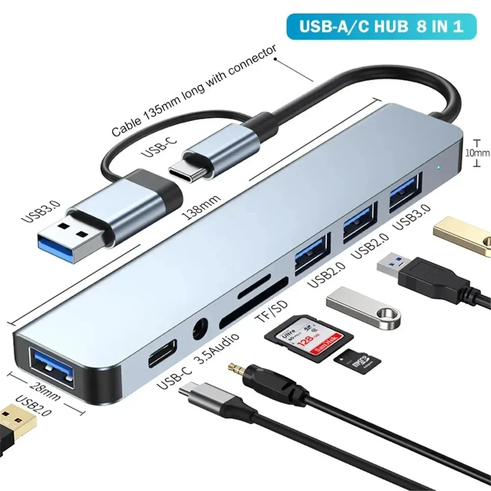 Hub USB 8 en 1 avec 2 ports USB 3.0, 2 ports USB 2.0, 1 port USB-C et lecteur de cartes TF/SD, compatible PC portables et MacBook 7