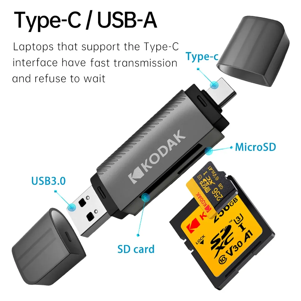 Lecteur de carte Kodak 4 en 1 USB 3.0 et USB-C pour cartes SD et microSD 2