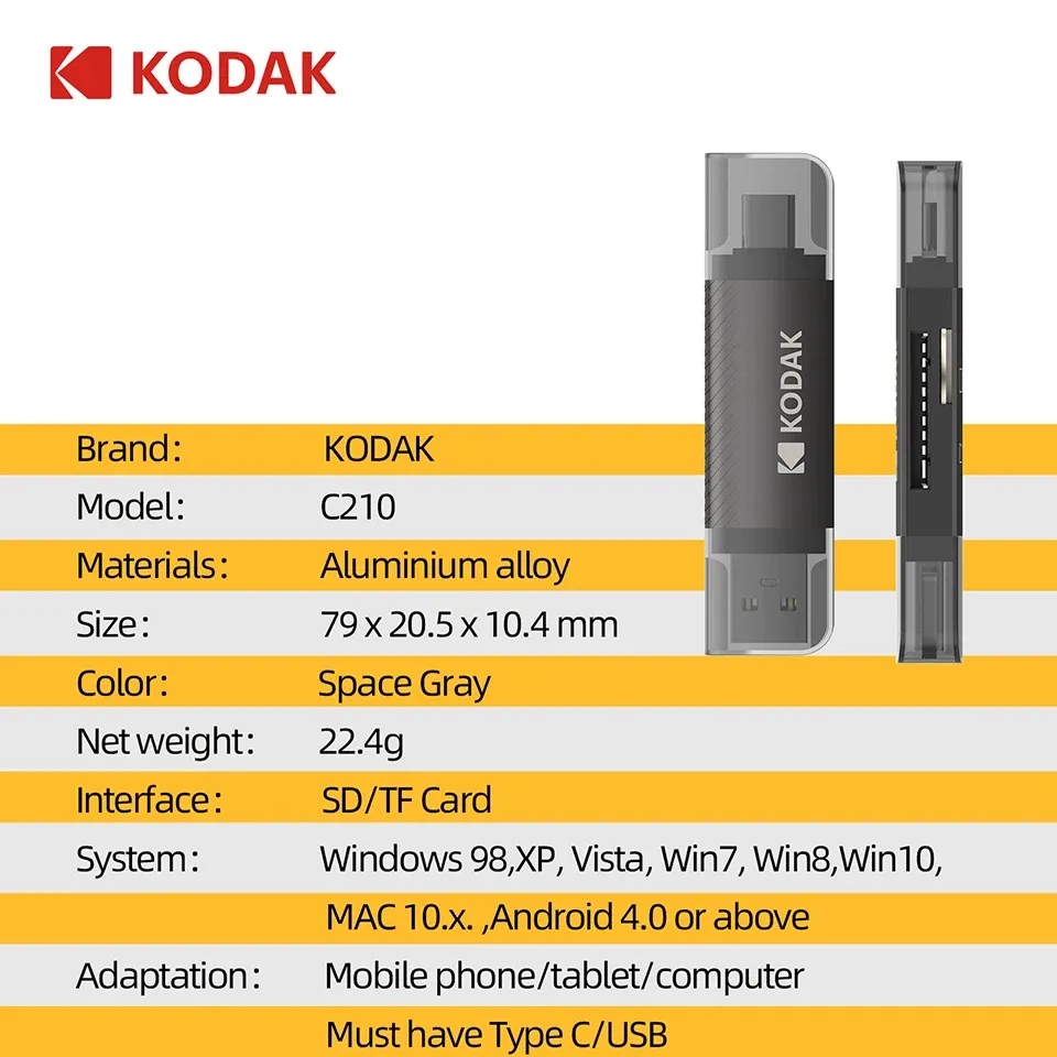 Lecteur de carte Kodak 4 en 1 USB 3.0 et USB-C pour cartes SD et microSD 6