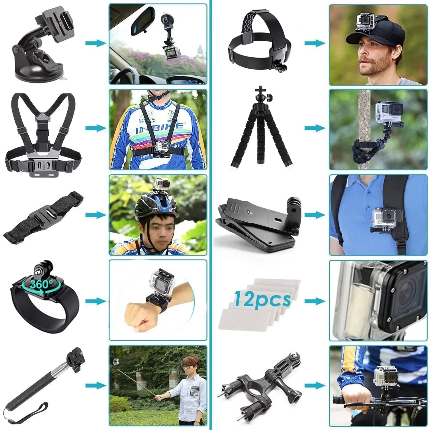 Accessoires pour caméra d'action compatibles GoPro Hero 9, 8, 7, 5, 4 et DJI Osmo Action : sac à dos, ventouse, étui 4K, fixation casque 5