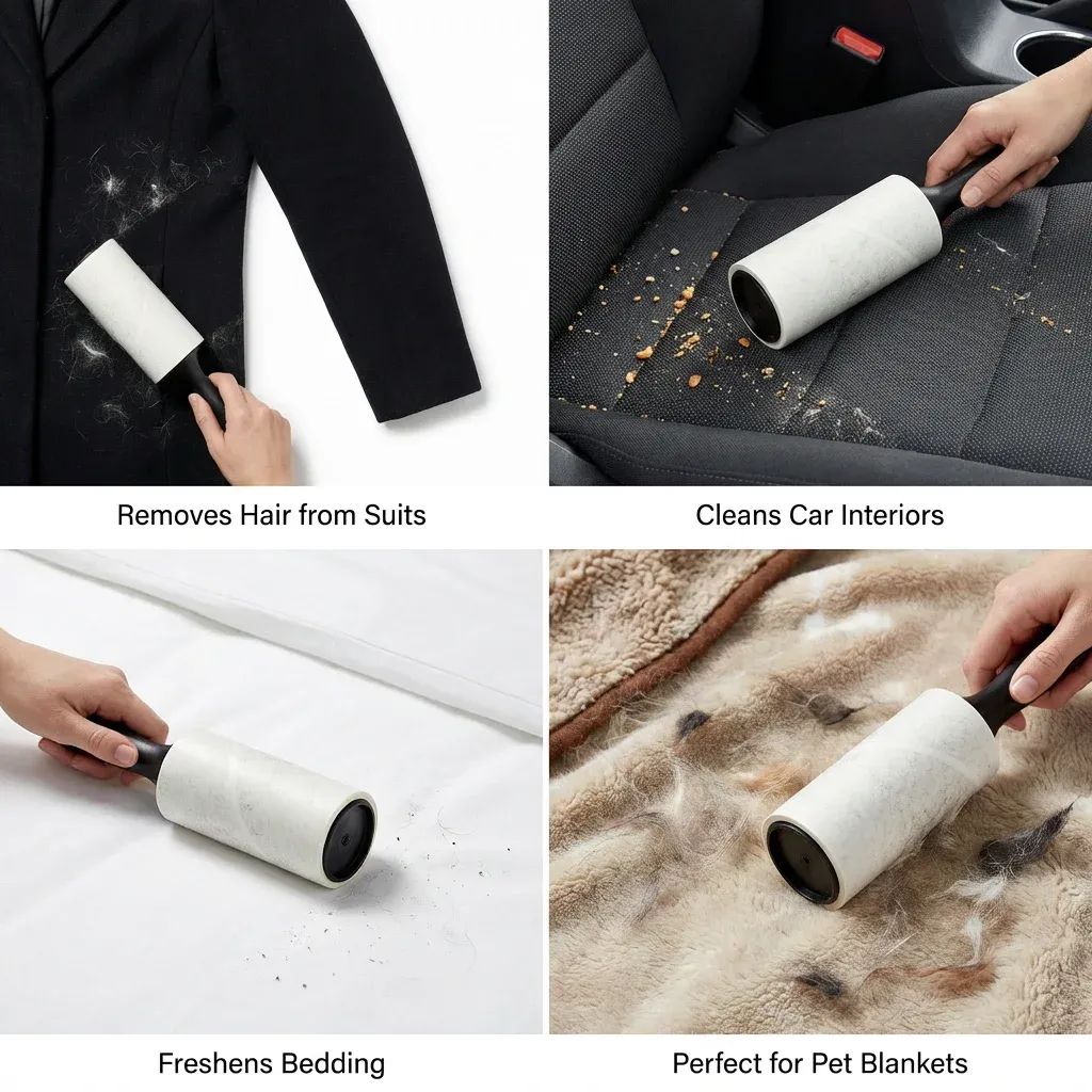 Rouleau réutilisable anti-peluches pour poils d'animaux, dépoussiéreur adhésif pour meubles et vêtements, outil de nettoyage avec poignée 4