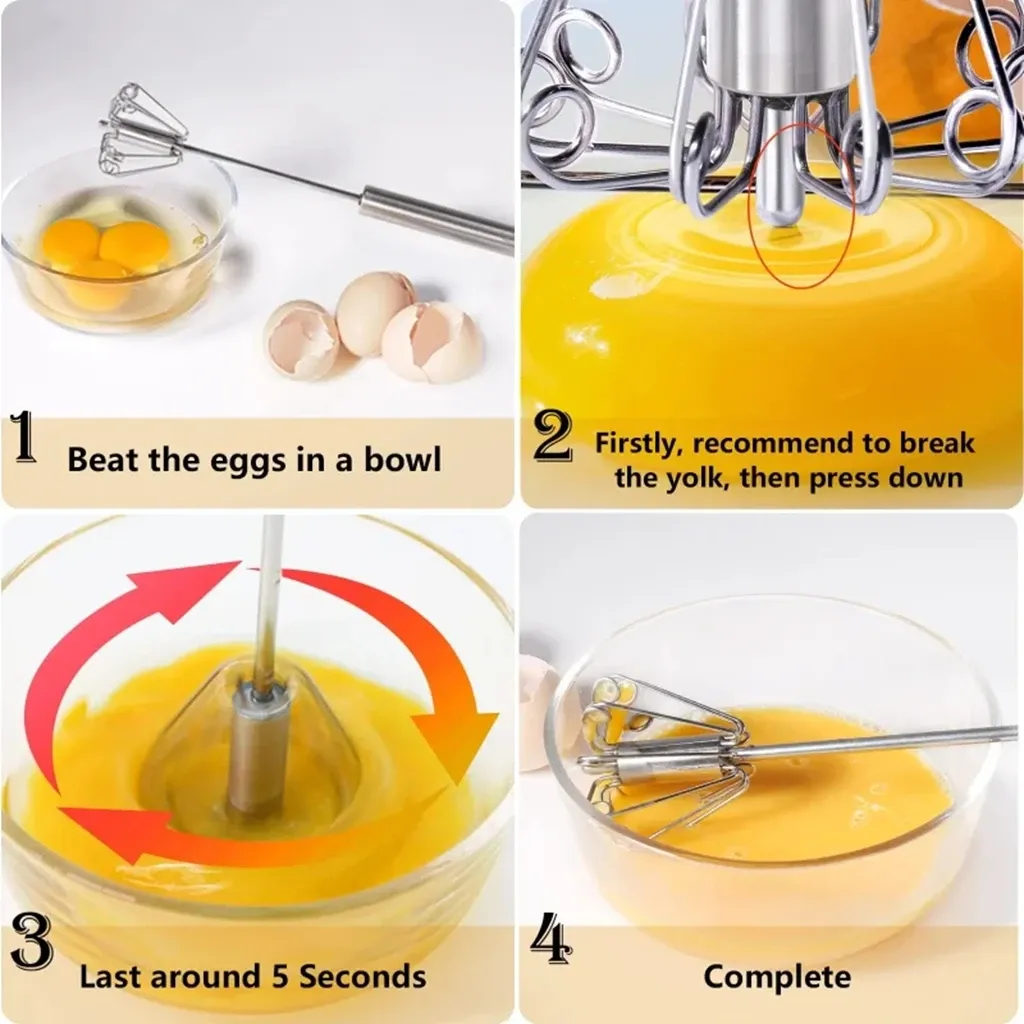 Batteur à œufs semi-automatique en acier inoxydable, fouet auto-rotatif pour crème et préparations de cuisine 5