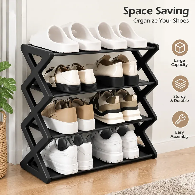 Étagère à chaussures 4 niveaux en métal autoportante, design fin en X pour entrée, placard et couloir