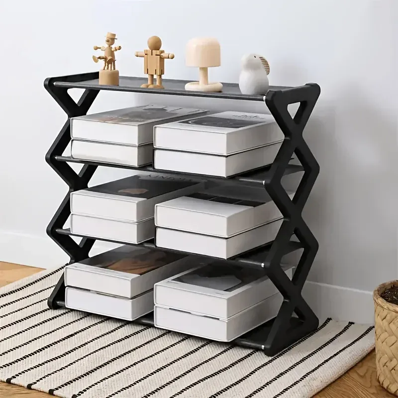 Étagère à chaussures 4 niveaux en métal autoportante, design fin en X pour entrée, placard et couloir 5