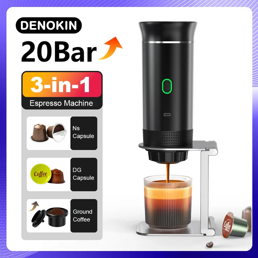 Machine à expresso portable sans fil 3 en 1 pour voiture, maison et camping, compatible capsules et café moulu