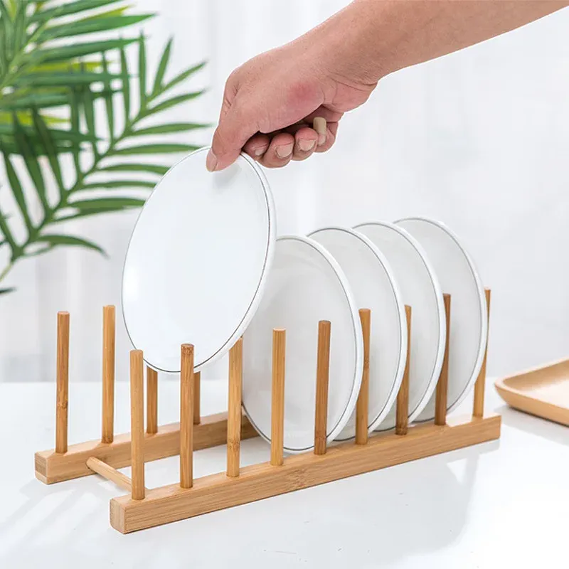 Organisateur de cuisine en bois multifonction pour assiettes, couvercles, tasses et livres 2