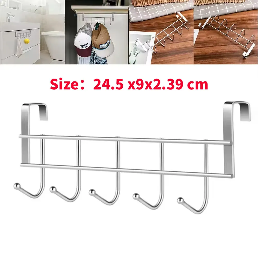 Crochet mural robuste en acier inoxydable à 5 crochets pour porte de placard, 24,5 x 9 x 2,39 cm, support de rangement pour vêtements et serviettes - Image 1
